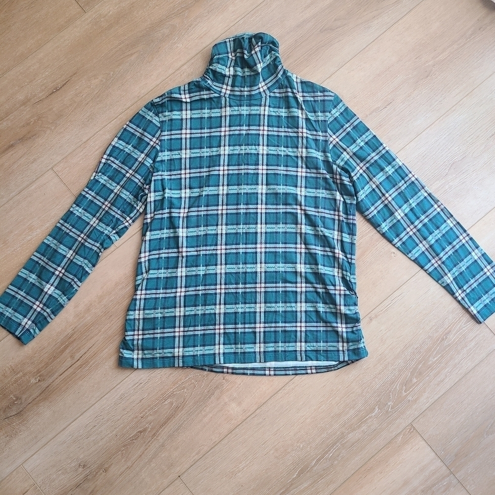 Coldwater Creek Petite Large Green & Burgundy Plaid mock neck ruching EUC